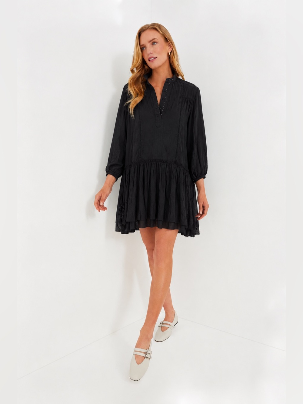 Tuckernuck Pomander Place Dress Long Sleeve Black Cotton Gauze Beaded SIZE XL